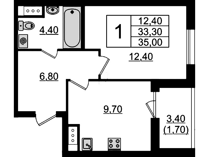 1-комнатная квартира 35 м², 8/9 эт., ЖК «А101 Лаголово»